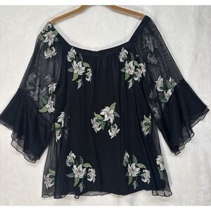 Womens L Embroidered Black Floral Mesh Top Boho Whimsigoth Festival Flowy Fairy
